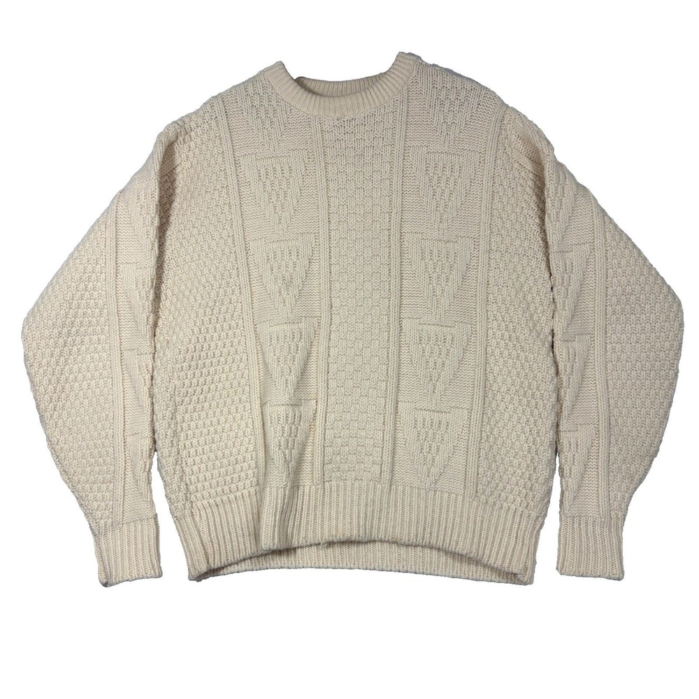 Fisherman Sweater Cream Chunky Cable Knit Vtg 90s Grandad Coastal Minimalist M